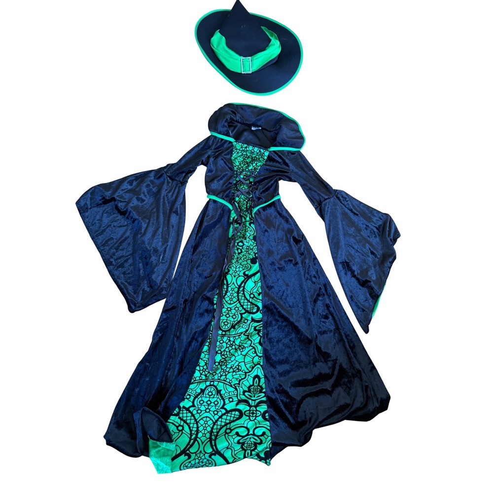 Spirit Halloween Witch Costume Dress and Hat Black Green Velvet Small